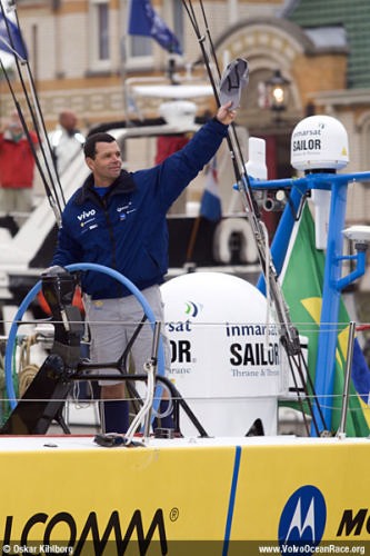 Brasil 1 skipper Torben Grael waves from the helm as they depart the dock for a leg start of the previous Volvo Ocean Race © Volvo Ocean Race http://www.volvooceanrace.com